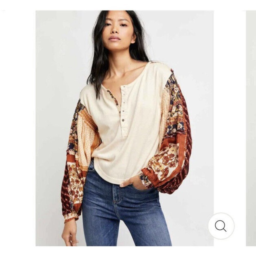 Free People Light Magic Henley Top Vanilla Creme Boho Floral - Picture 1 of 7